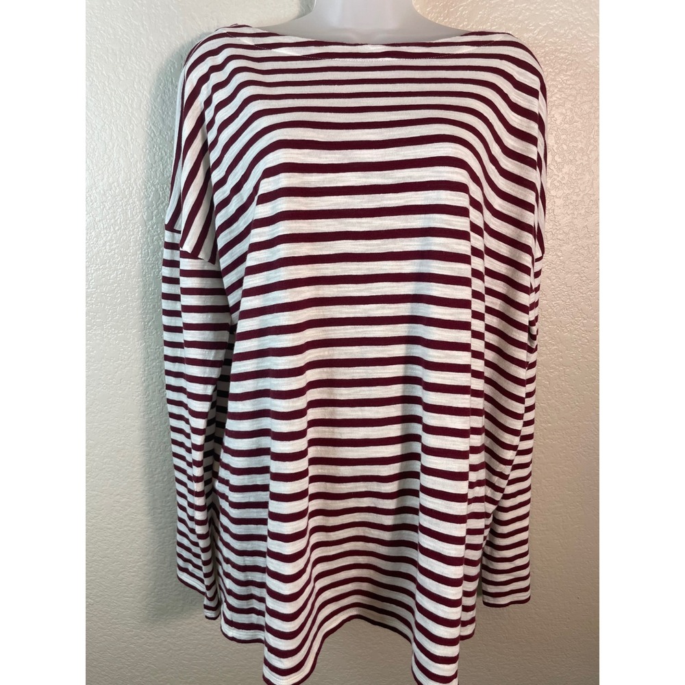 J. Jill Womens Large Tall T Shirt Burgundy White Striped Cotton Boat Neck Top